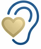 Outline of a blue ear with a gold heart shape placed where the ear canal would be, symbolizing compassionate listening or hearing with empathy.