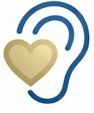 Outline of a blue ear with a gold heart shape placed where the ear canal would be, symbolizing compassionate listening or hearing with empathy.