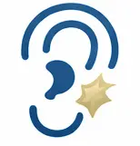 A blue outlined ear with a gold star-shaped symbol near it, representing hearing or listening.