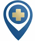 A blue map pin icon with a gold medical cross in the center, symbolizing a healthcare or medical location.