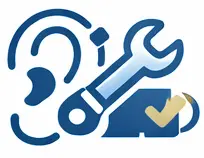Blue icon showing an ear, a wrench, and a hearing aid with a checkmark, representing hearing aid maintenance or repair services.