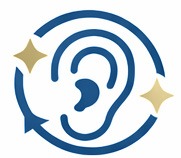 A blue outline of an ear is surrounded by a circular arrow and two gold star-like shapes, symbolizing clean or healthy ears.