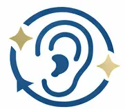 A blue outline of an ear is surrounded by a circular arrow and two gold star-like shapes, symbolizing clean or healthy ears.