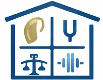 A blue house outline with four sections containing icons: a hearing aid, a psychology symbol, a scale of justice, and a barbell, representing different fields or services.