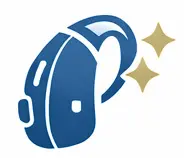 A blue hearing aid with two yellow sparkle icons, suggesting cleanliness or newness, on a white background.