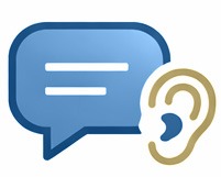 A blue speech bubble with white lines representing text appears next to a gold and blue ear, symbolizing listening and communication.