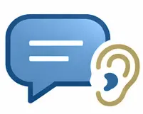 A blue speech bubble with white lines representing text appears next to a gold and blue ear, symbolizing listening and communication.