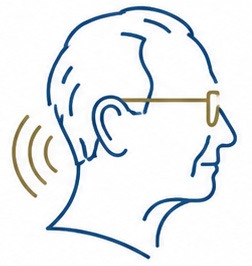 Minimalist line drawing of an older man in profile wearing glasses, with sound wave lines near his ear, suggesting hearing or listening.