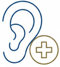 Outline of an ear with a medical cross symbol beside it, representing hearing or ear health care.