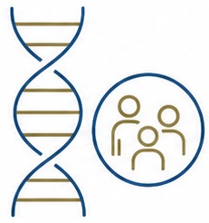 A simple illustration of a DNA double helix next to an icon of three people inside a circle, representing genetic research or family genetics.