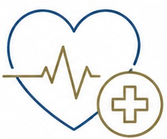A blue outline of a heart with a gold electrocardiogram line inside, and a gold circle with a medical cross overlapping the lower right side of the heart.