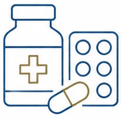Line drawing of a medicine bottle with a cross on its label, a blister pack with six tablets, and a single capsule in front of them.