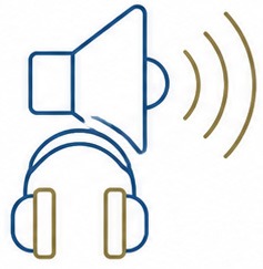 A minimalist icon showing a speaker emitting sound waves above a pair of headphones, representing audio or listening.
