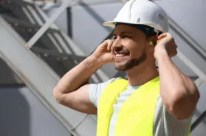 Smiling construction worker wearing a white hard hat, yellow safety vest, and inserting yellow earplugs, standing outdoors near a metal structure.