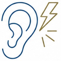 A simple line drawing of an ear in blue next to a golden lightning bolt, symbolizing a sudden loud sound or hearing sensitivity.
