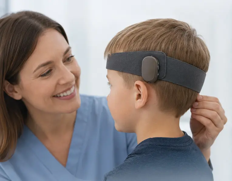 A smiling woman in scrubs talks to a young boy who is wearing a gray headband with a hearing device attached over his ear.