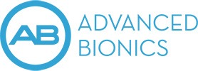 Logo of Advanced Bionics featuring a blue circle with AB inside, next to the company name Advanced Bionics in blue, modern font on a white background.