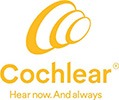 Cochlear logo featuring a stylized yellow spiral design above the word Cochlear and the tagline Hear now. And always in yellow text.
