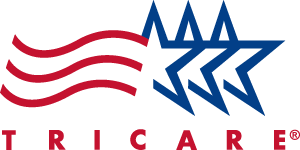 TRICARE logo with three blue outlined stars and three red wavy lines, symbolizing the American flag, above the word “TRICARE” in red capital letters.