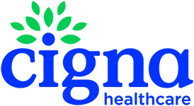 Cigna Healthcare logo with blue text and a green leaf design above the i.